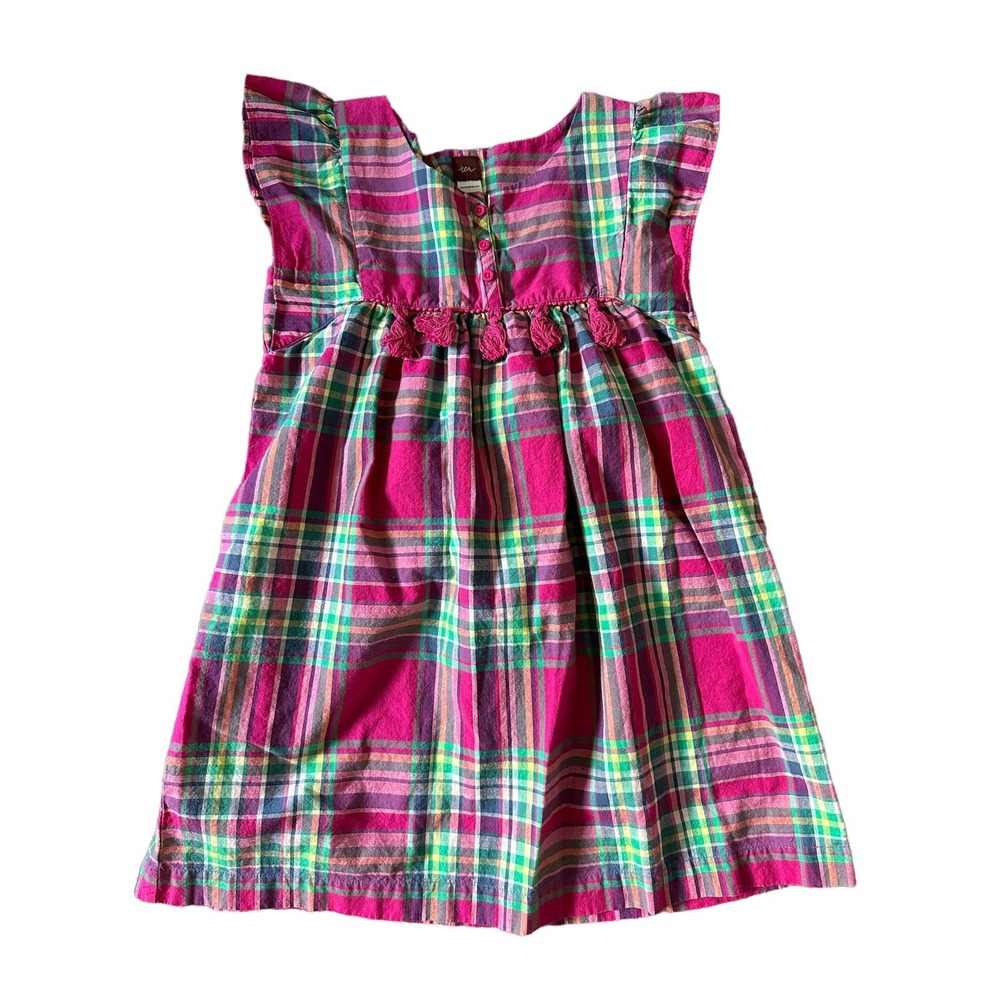 Tea Collection Pink Plaid Cotton Dress with Green and Blue Accents